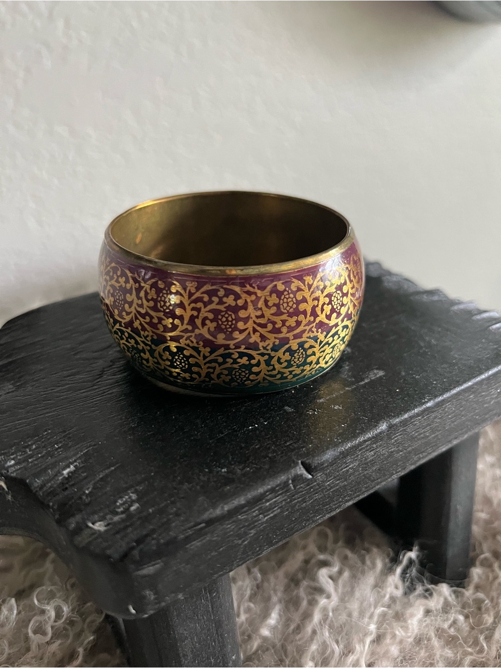 Gold-Tone Purple & Green Enamel Bangle Bracelet Made In India Vintage Brass